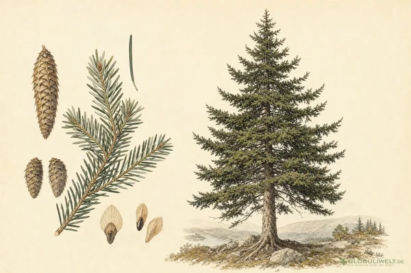 Botanische Illustration von Abies Nigra (Amerikanische Schwarzfichte) – Ausgangssubstanz der homöopathischen Globuli