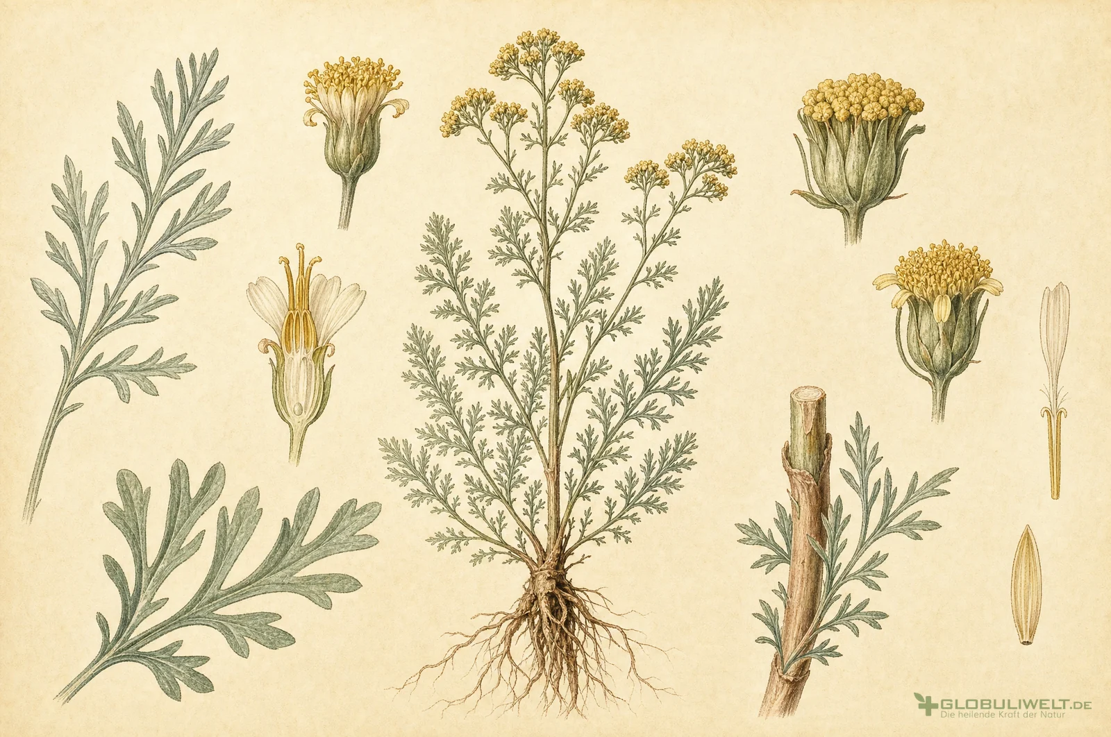 Botanische Illustration von Abrotanum (Eberraute) – Ausgangssubstanz der homöopathischen Globuli