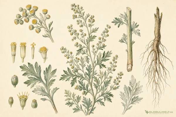 Botanische Illustration von Artemisia absinthium (Wermut) – Ausgangssubstanz der homöopathischen Globuli