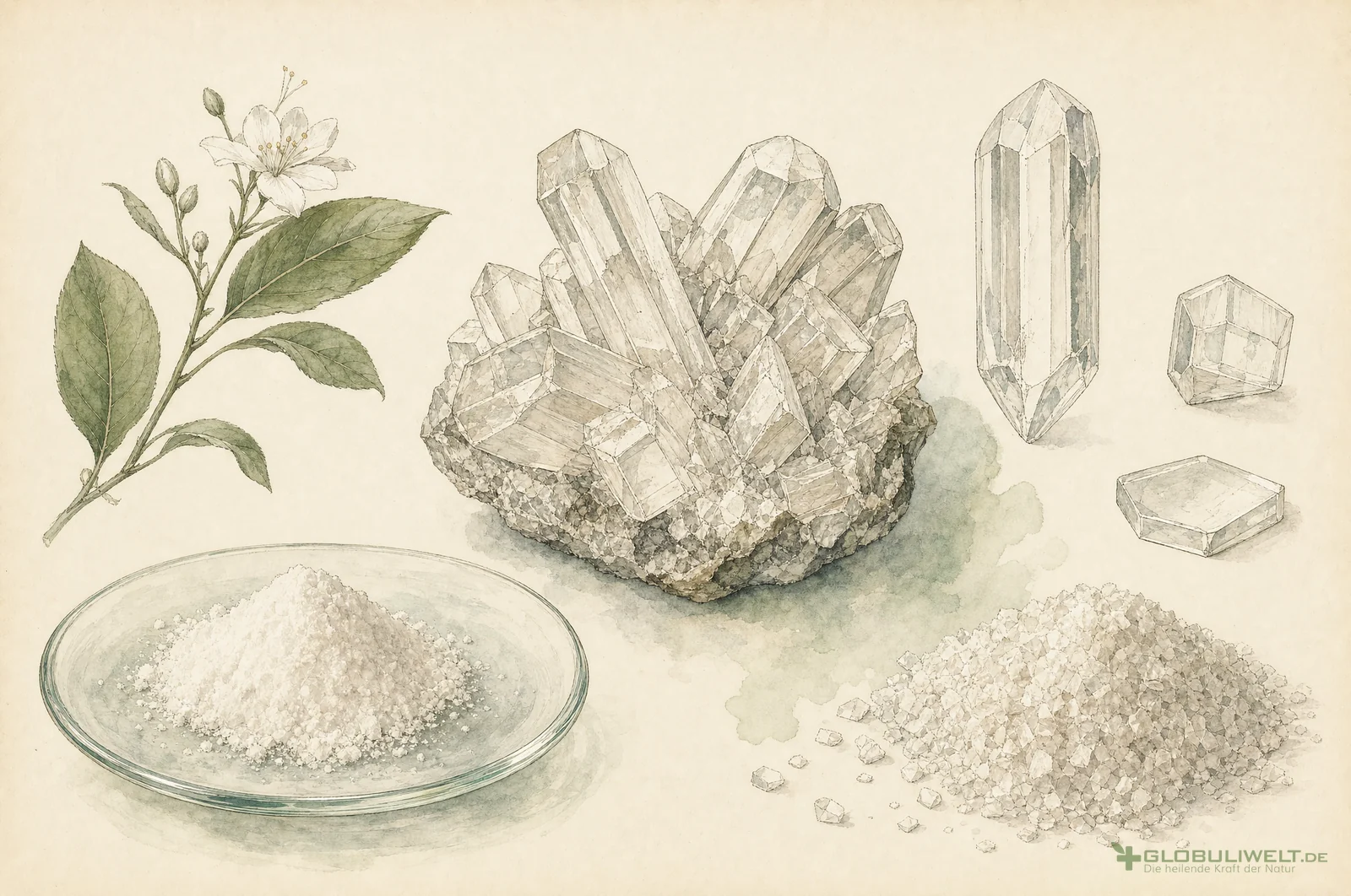 Mineralogische Illustration von Acidum benzoicum (Benzoesäure) – Ausgangssubstanz der homöopathischen Globuli