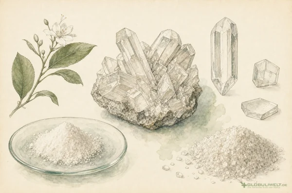 Mineralogische Illustration von Acidum benzoicum (Benzoesäure) – Ausgangssubstanz der homöopathischen Globuli