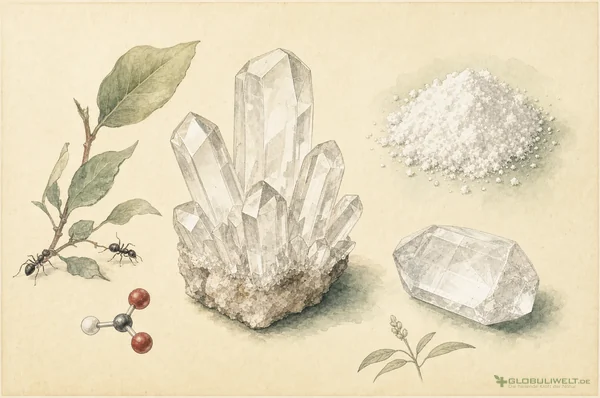 Mineralogische Illustration von Acidum Formicicum (Ameisensäure) – Ausgangssubstanz der homöopathischen Globuli