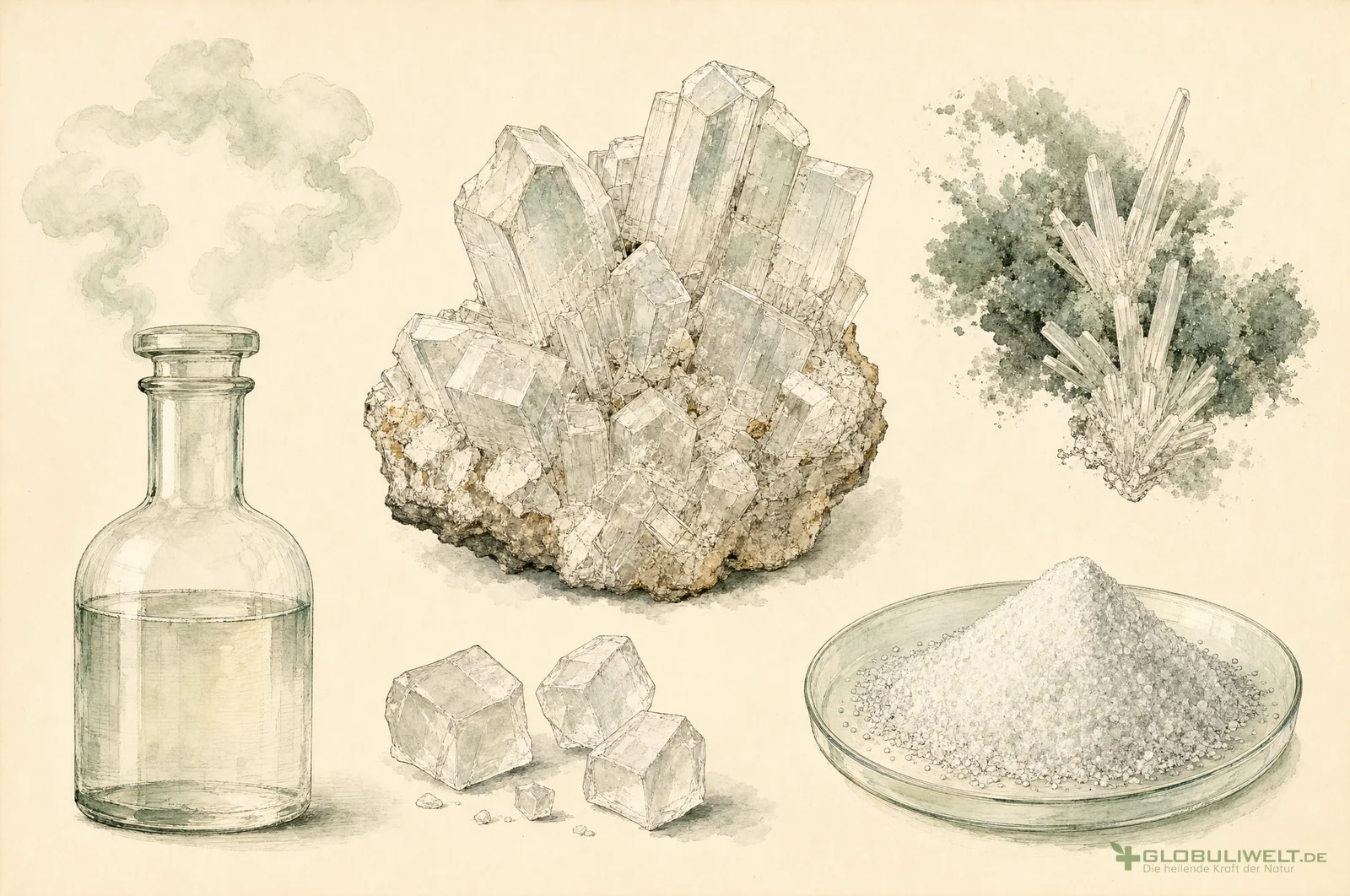 Mineralogische Illustration von Acidum Hydrochloricum (Salzsäure) – Ausgangssubstanz der homöopathischen Globuli