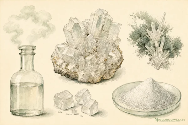 Mineralogische Illustration von Acidum Hydrochloricum (Salzsäure) – Ausgangssubstanz der homöopathischen Globuli