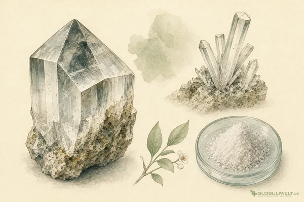 Mineralogische Illustration von Acidum Hydrocyanicum (Blausäure) (Blausäure) – Ausgangssubstanz der homöopathischen Globuli