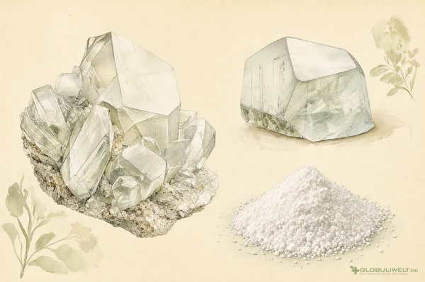 Mineralogische Illustration von Acidum Hydrofluoricum (Flusssäure) (Flusssäure) – Ausgangssubstanz der homöopathischen Globuli