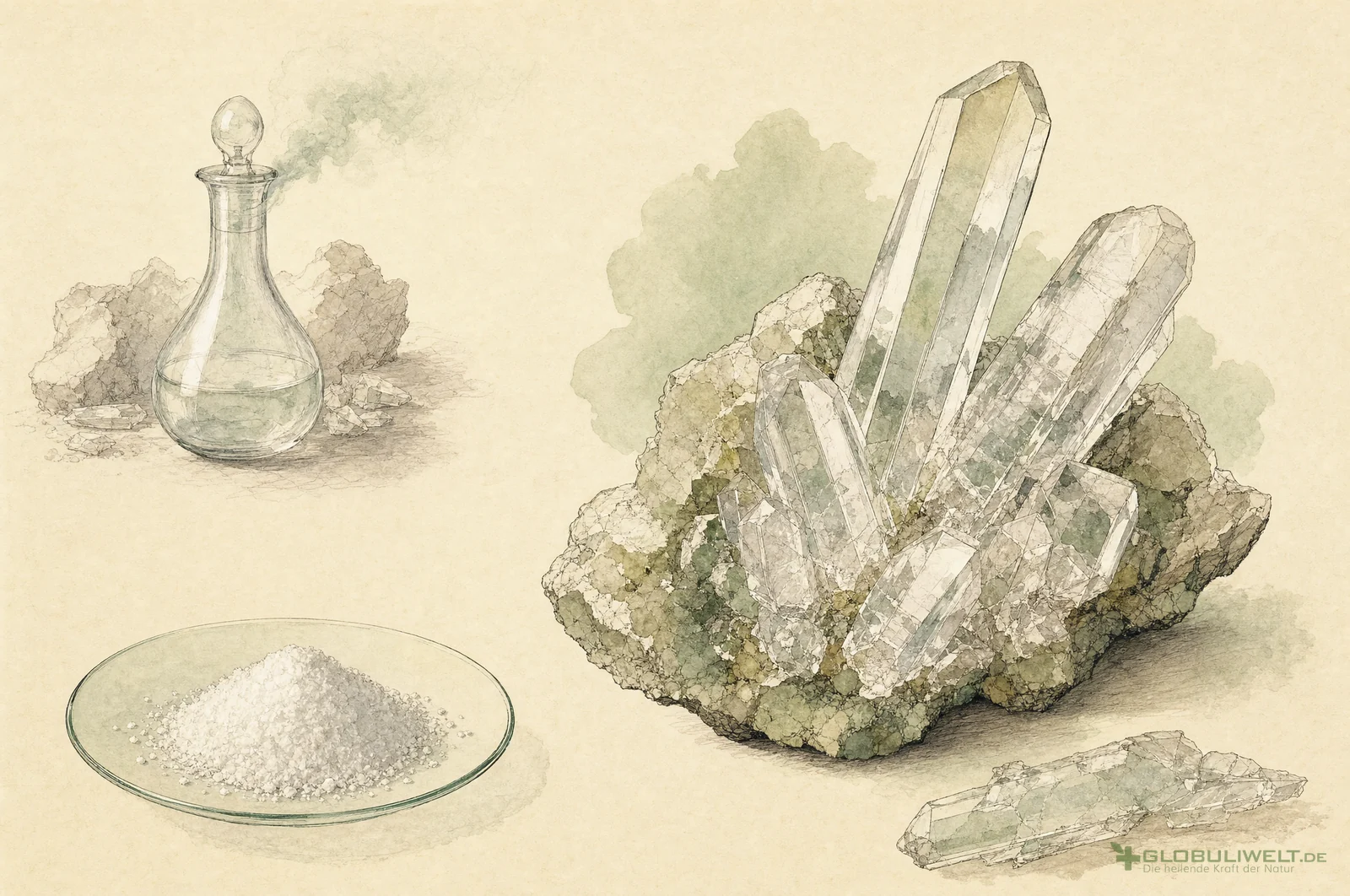 Mineralogische Illustration von Acidum Nitricum (Salpetersäure) – Ausgangssubstanz der homöopathischen Globuli