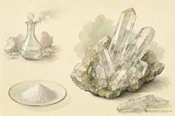 Mineralogische Illustration von Acidum Nitricum (Salpetersäure) – Ausgangssubstanz der homöopathischen Globuli