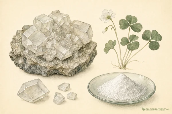 Mineralogische Illustration von Acidum Oxalicum (Oxal-Säure) (Oxalsäure) – Ausgangssubstanz der homöopathischen Globuli