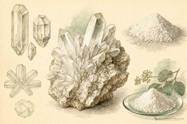 Mineralogische Illustration von Acidum Phosphoricum (Phosphorsäure) – Ausgangssubstanz der homöopathischen Globuli