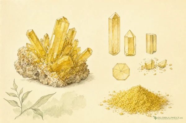 Mineralogische Illustration von Acidum picrinicum (Pikrinsäure) – Ausgangssubstanz der homöopathischen Globuli