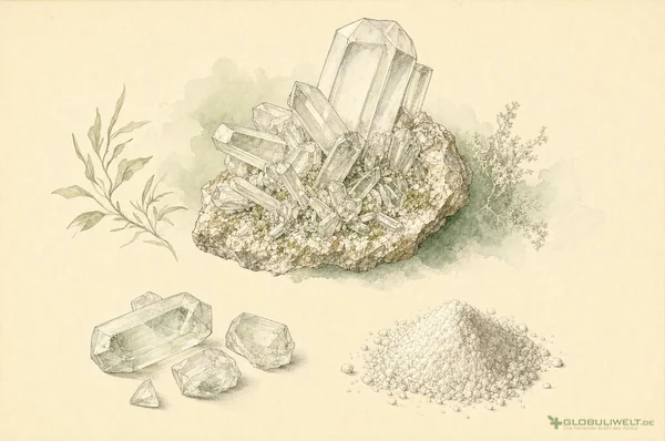 Mineralogische Illustration von Acidum Sarcolacticum (Rechtsdrehende Milchsäure) – Ausgangssubstanz der homöopathischen Globuli