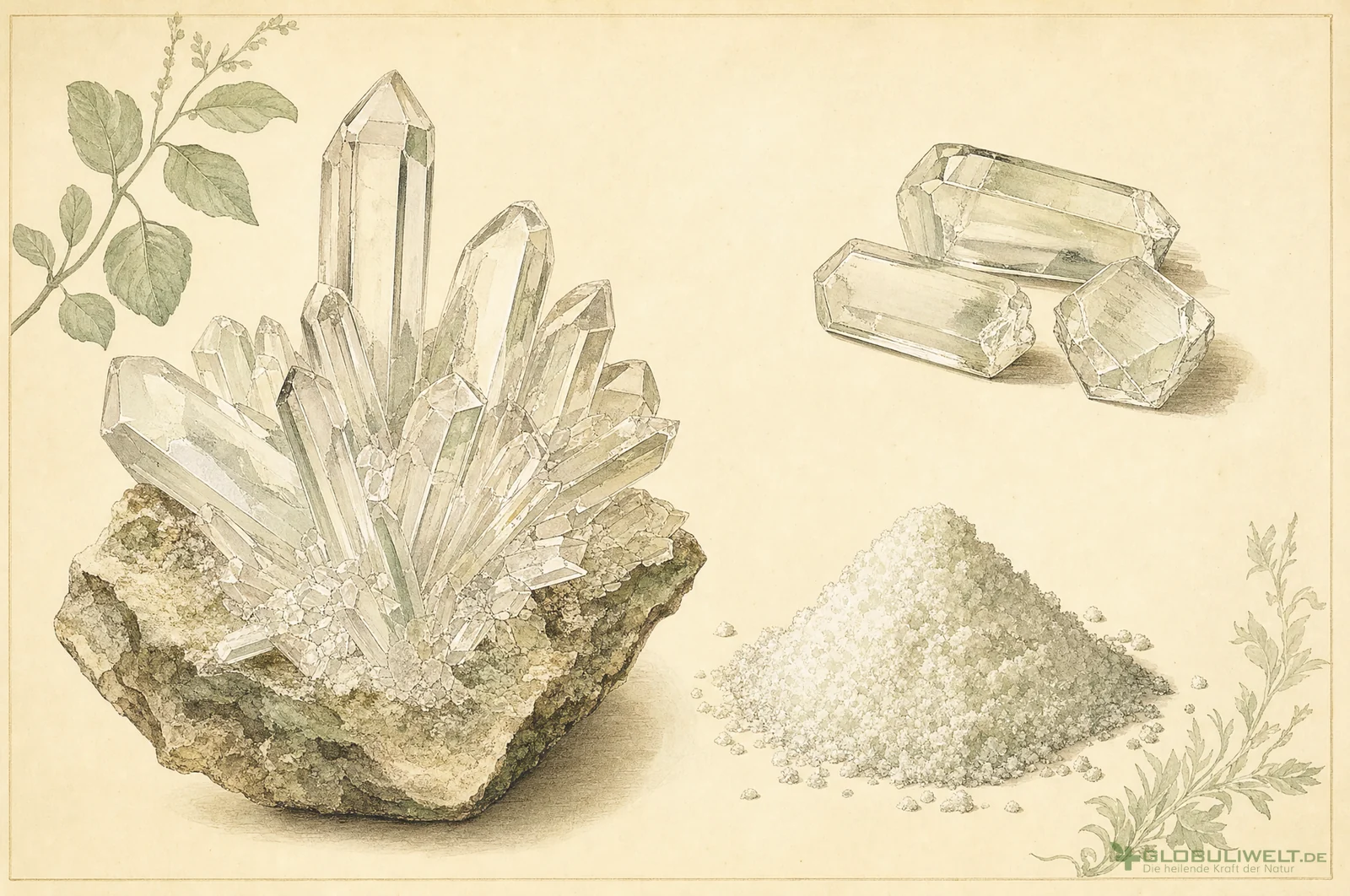 Mineralogische Illustration von Acidum sulfuricum (Schwefelsäure) – Ausgangssubstanz der homöopathischen Globuli