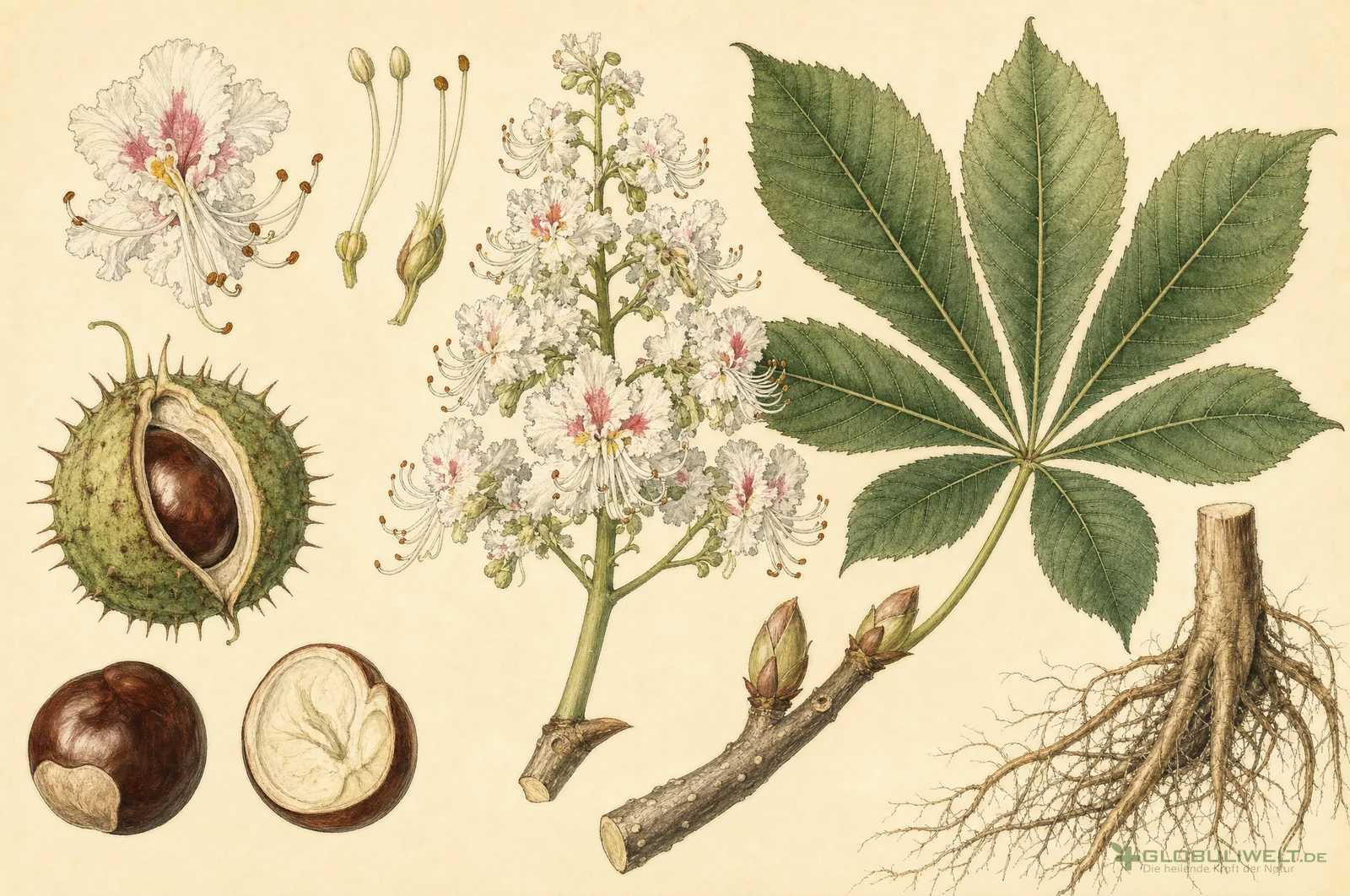 Botanische Illustration von Aesculus hippocastanum (Rosskastanie) – Ausgangssubstanz der homöopathischen Globuli