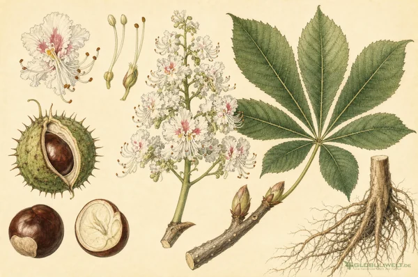 Botanische Illustration von Aesculus hippocastanum (Rosskastanie) – Ausgangssubstanz der homöopathischen Globuli