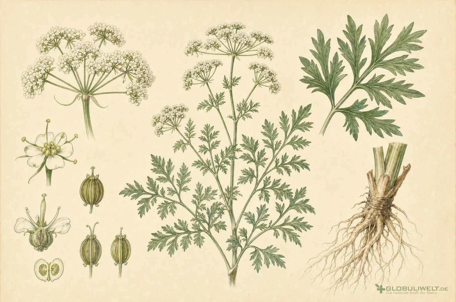 Botanische Illustration von Aethusa cynapium (Hundspetersilie) – Ausgangssubstanz der homöopathischen Globuli