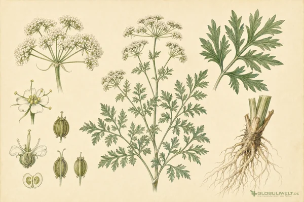 Botanische Illustration von Aethusa cynapium (Hundspetersilie) – Ausgangssubstanz der homöopathischen Globuli