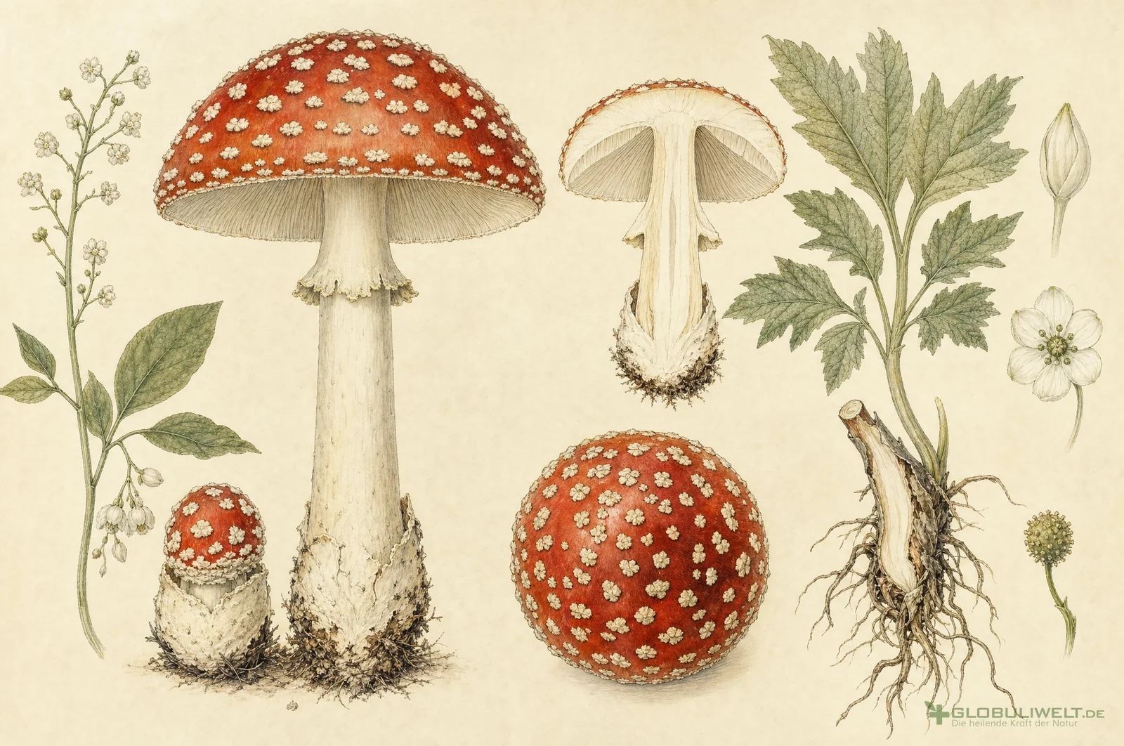 Botanische Illustration von Agaricus muscarius (Fliegenpilz) – Ausgangssubstanz der homöopathischen Globuli
