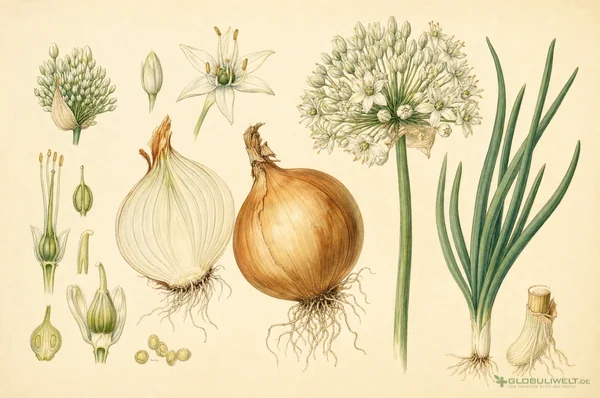 Botanische Illustration von Allium cepa (Küchenzwiebel) – Ausgangssubstanz der homöopathischen Globuli
