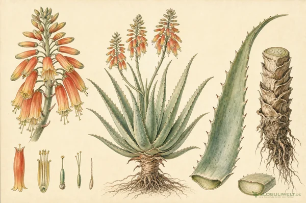 Botanische Illustration von Aloe socotrina (Aloe) – Ausgangssubstanz der homöopathischen Globuli