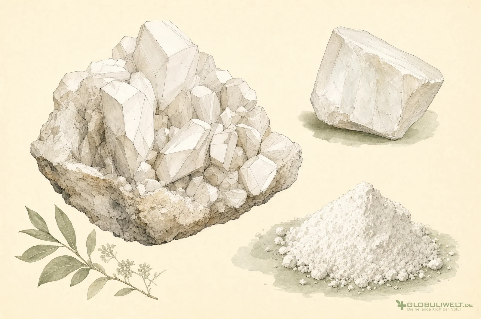 Mineralogische Illustration von Alumina (Aluminiumoxid) (Tonerde) – Ausgangssubstanz der homöopathischen Globuli