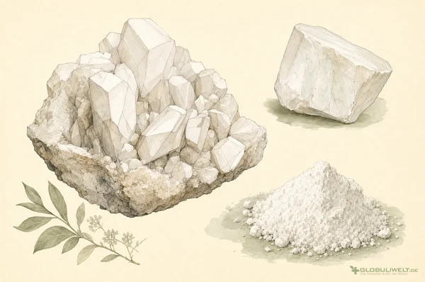 Mineralogische Illustration von Alumina (Aluminiumoxid) (Tonerde) – Ausgangssubstanz der homöopathischen Globuli