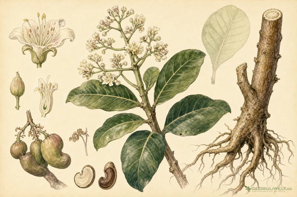 Botanische Illustration von Anacardium orientale (Malakkanuss) – Ausgangssubstanz der homöopathischen Globuli
