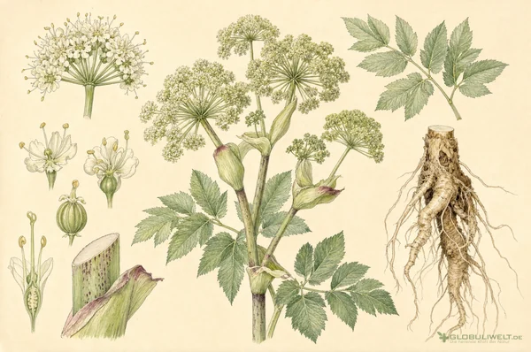 Botanische Illustration von Angelica archangelica (Echte Engelwurz) – Ausgangssubstanz der homöopathischen Globuli