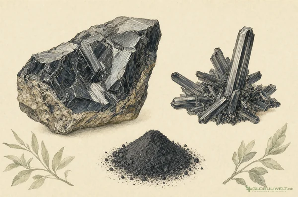 Mineralogische Illustration von Antimonium crudum (Schwarzer Antimonglanz) – Ausgangssubstanz der homöopathischen Globuli