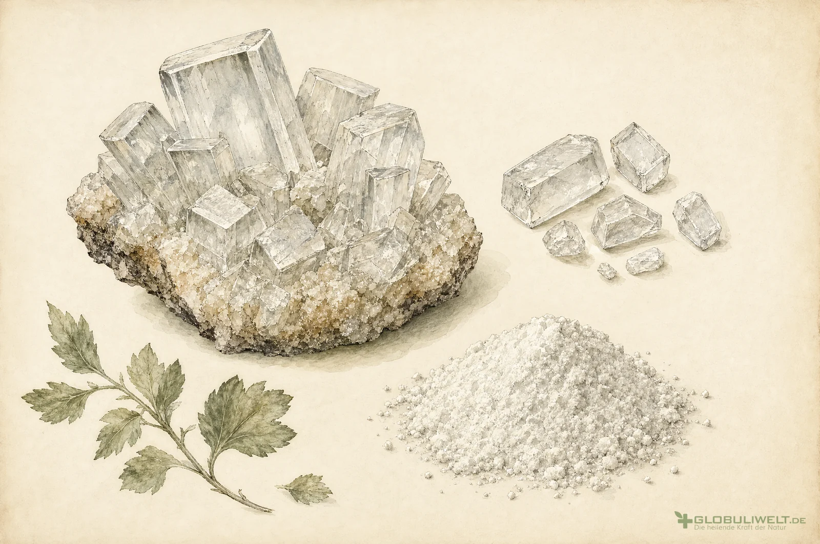 Mineralogische Illustration von Antimonium tartaricum (Brechweinstein) – Ausgangssubstanz der homöopathischen Globuli