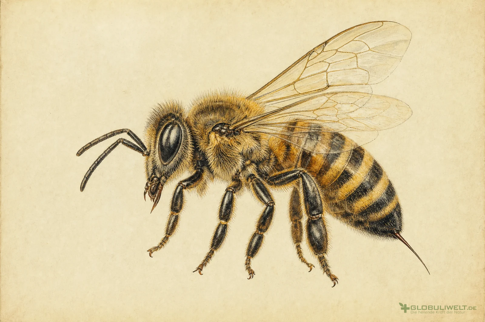 Naturhistorische Illustration von Apisinum (Bienengift) – Ausgangssubstanz der homöopathischen Globuli