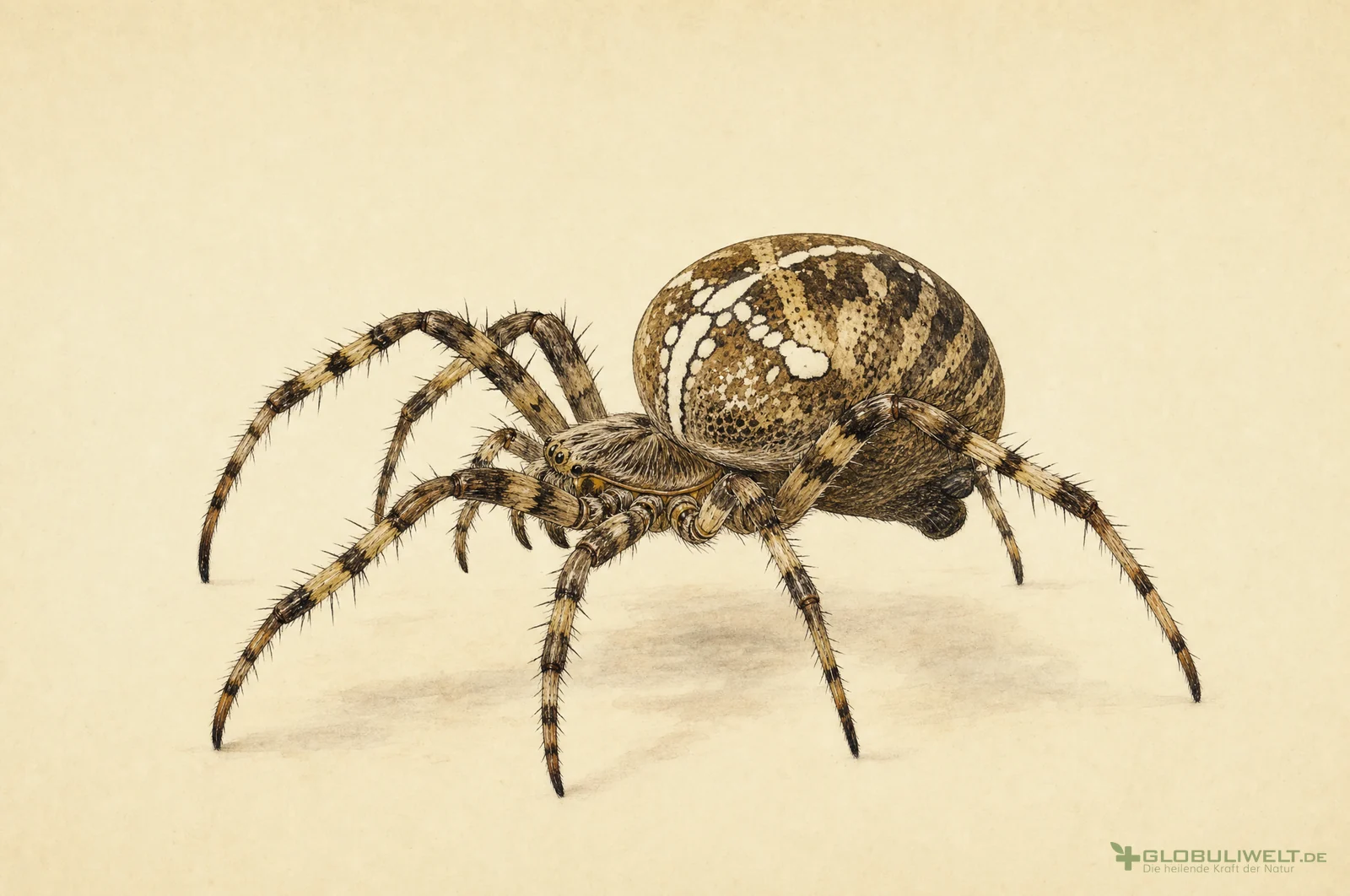 Naturhistorische Illustration von Aranea diadema (Kreuzspinne) – Ausgangssubstanz der homöopathischen Globuli