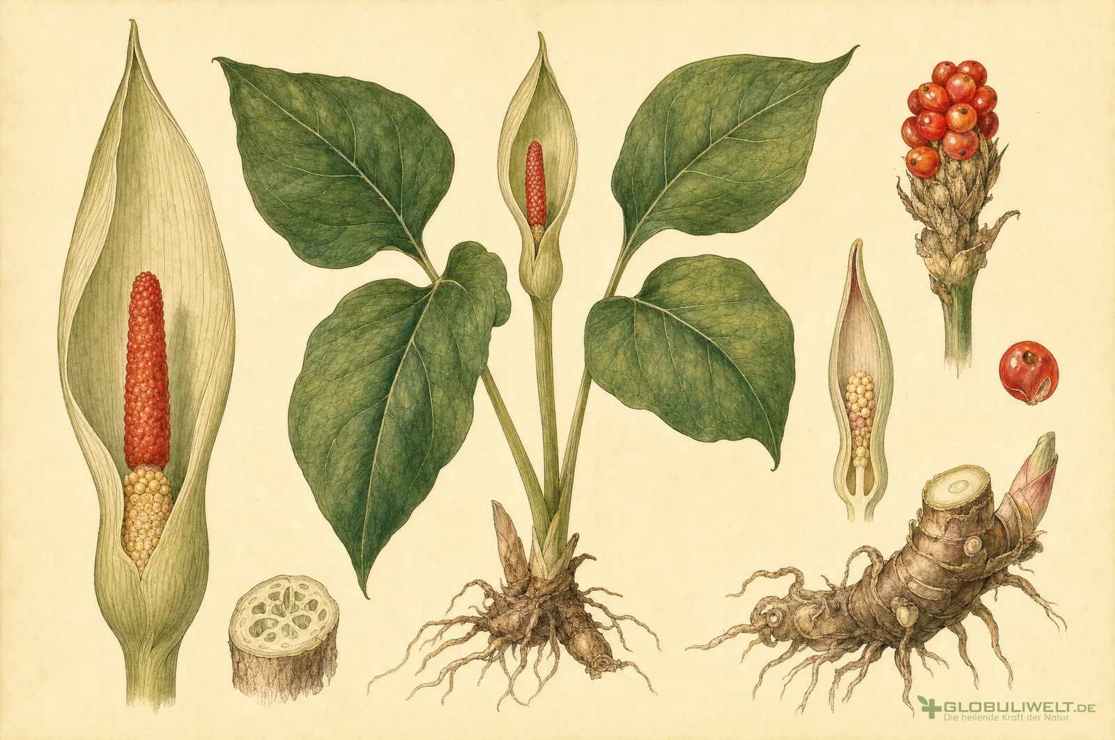 Botanische Illustration von Arum triphyllum (Dreiblättriger Feuerkolben) – Ausgangssubstanz der homöopathischen Globuli