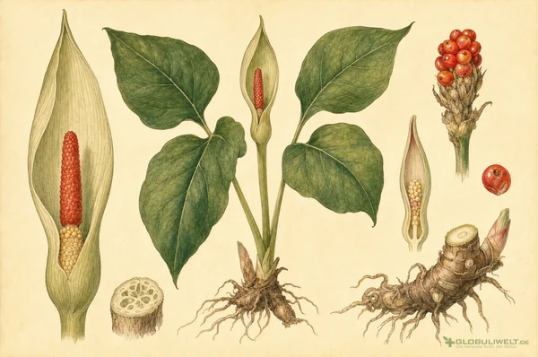 Botanische Illustration von Arum triphyllum (Dreiblättriger Feuerkolben) – Ausgangssubstanz der homöopathischen Globuli