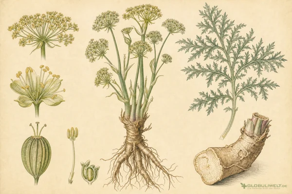 Botanische Illustration von Asa foetida (Stinkasant) – Ausgangssubstanz der homöopathischen Globuli