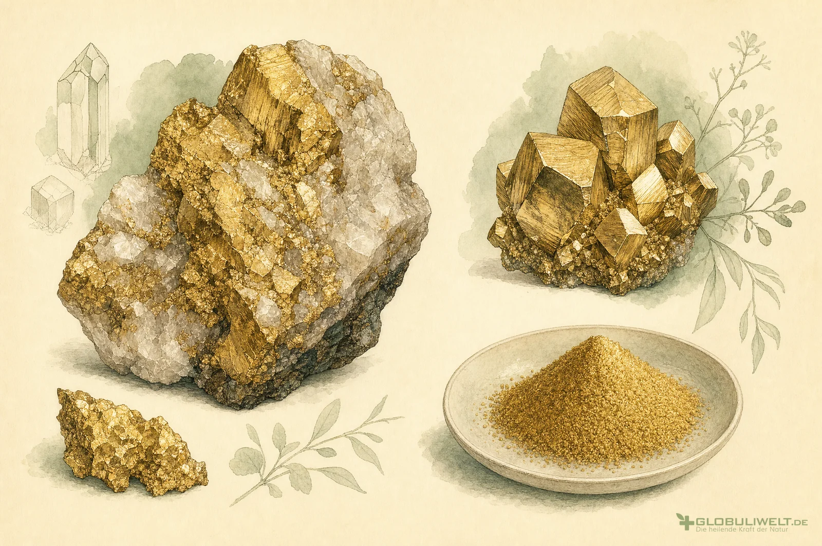 Mineralogische Illustration von Aurum metallicum (Gold) – Ausgangssubstanz der homöopathischen Globuli