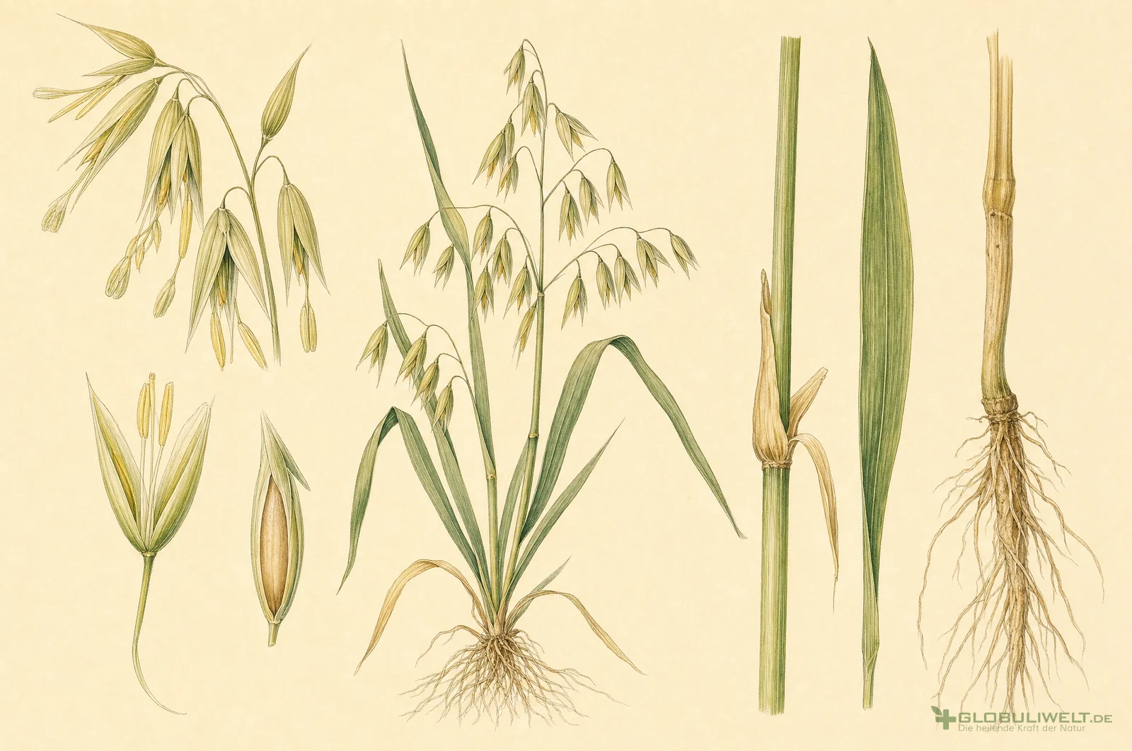 Botanische Illustration von Avena sativa (Saathafer) – Ausgangssubstanz der homöopathischen Globuli