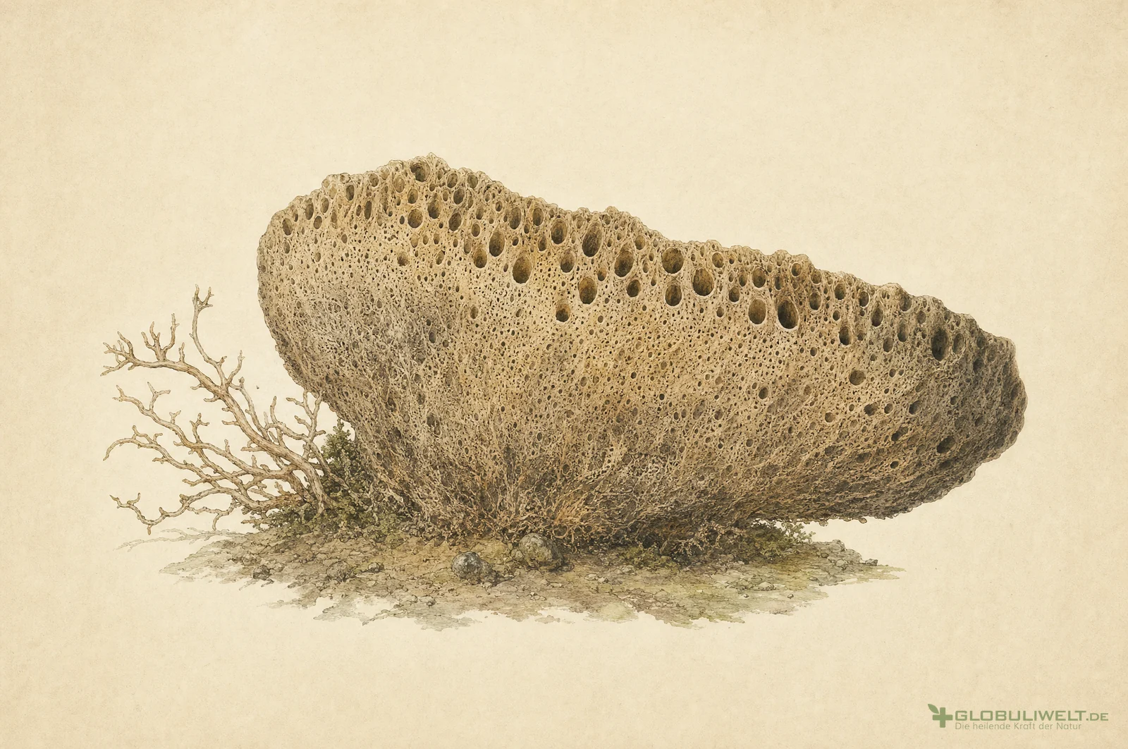 Naturhistorische Illustration von Badiaga (Süßwasserschwamm) – Ausgangssubstanz der homöopathischen Globuli