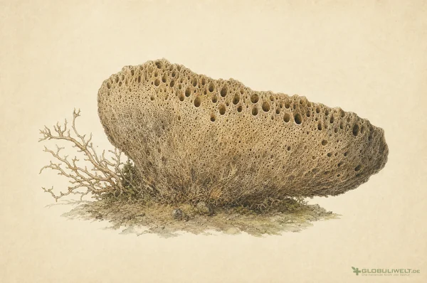 Naturhistorische Illustration von Badiaga (Süßwasserschwamm) – Ausgangssubstanz der homöopathischen Globuli