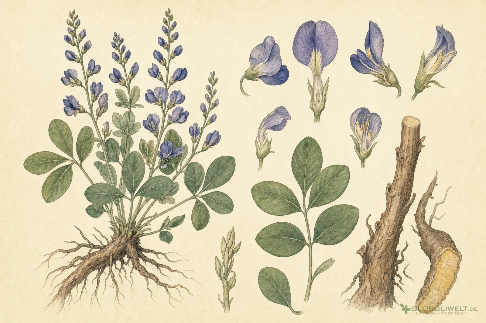 Botanische Illustration von Baptisia tinctoria (Wilder Indigo) – Ausgangssubstanz der homöopathischen Globuli