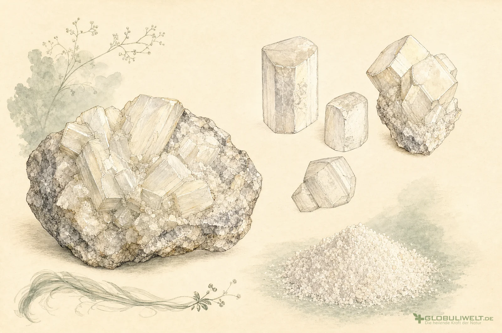 Mineralogische Illustration von Barium carbonicum (Bariumcarbonat) – Ausgangssubstanz der homöopathischen Globuli