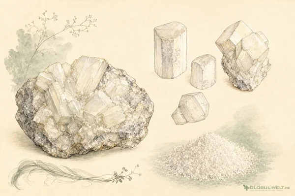 Mineralogische Illustration von Barium carbonicum (Bariumcarbonat) – Ausgangssubstanz der homöopathischen Globuli