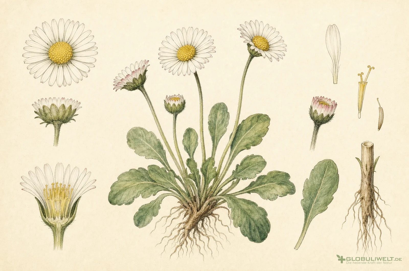 Botanische Illustration von Bellis Perennis (Gänseblümchen) – Ausgangssubstanz der homöopathischen Globuli