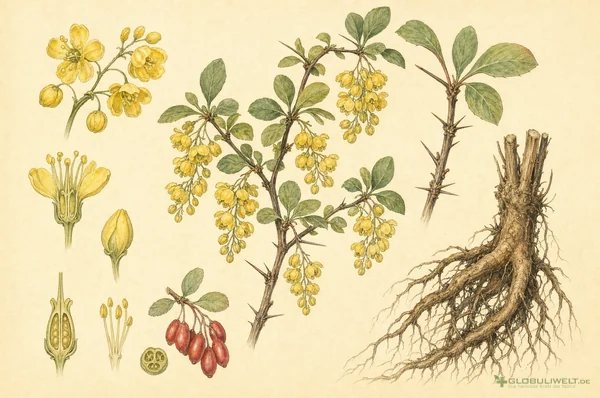 Botanische Illustration von Berberis vulgaris (Berberitze) – Ausgangssubstanz der homöopathischen Globuli