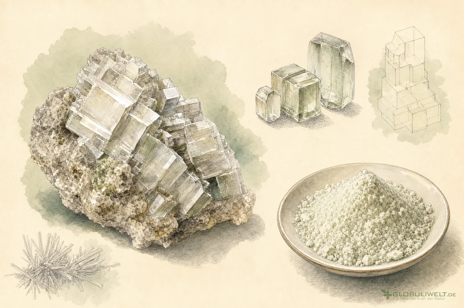 Mineralogische Illustration von Bismutum subnitricum (Basisches Wismutnitrat) – Ausgangssubstanz der homöopathischen Globuli