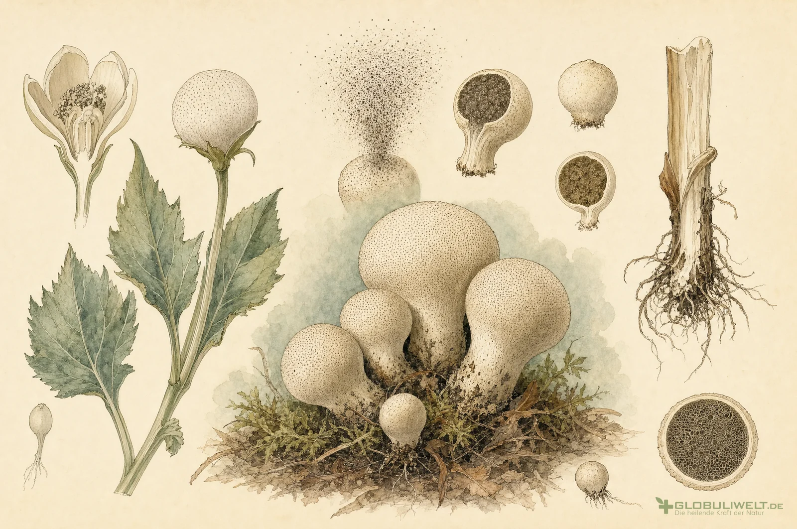 Botanische Illustration von Bovista (Bovist) – Ausgangssubstanz der homöopathischen Globuli