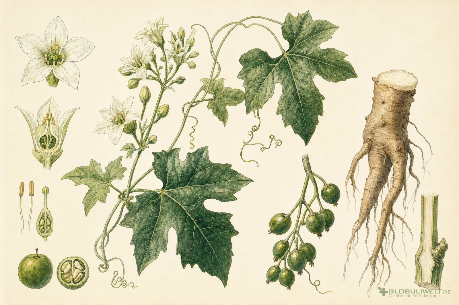 Botanische Illustration von Bryonia (Weiße Zaunrübe) – Ausgangssubstanz der homöopathischen Globuli