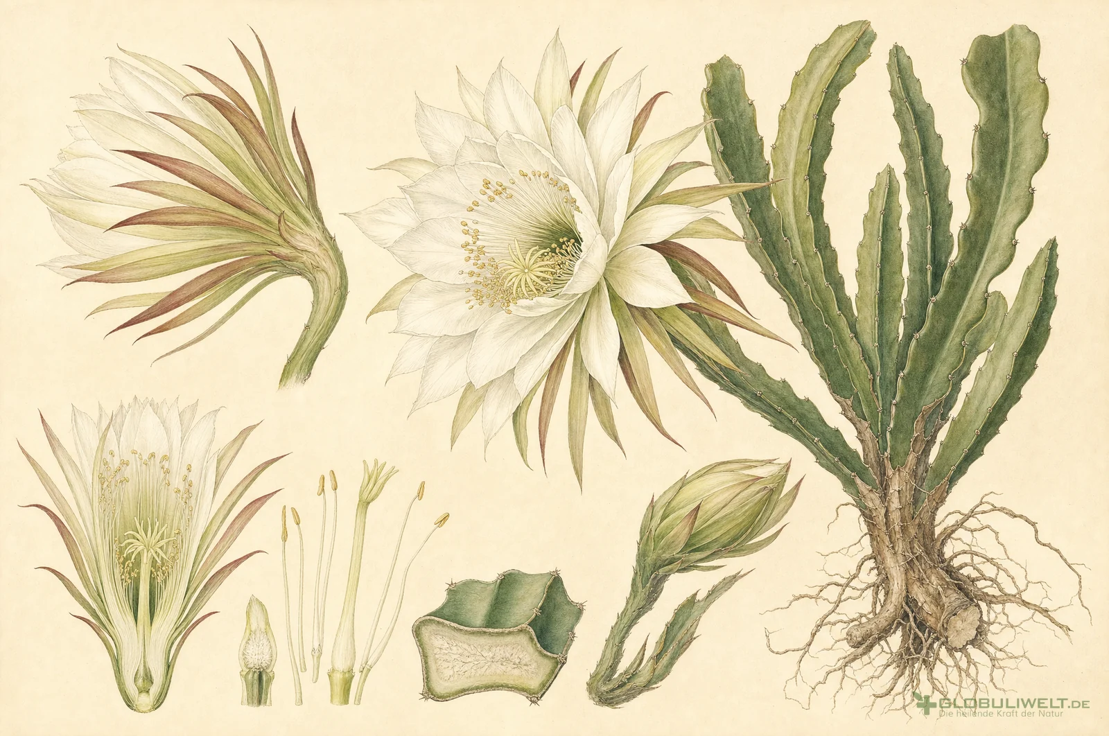 Botanische Illustration von Cactus grandiflorus (Königin der Nacht) – Ausgangssubstanz der homöopathischen Globuli