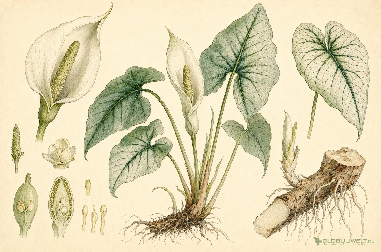 Botanische Illustration von Caladium seguinum (Schweigrohr) – Ausgangssubstanz der homöopathischen Globuli