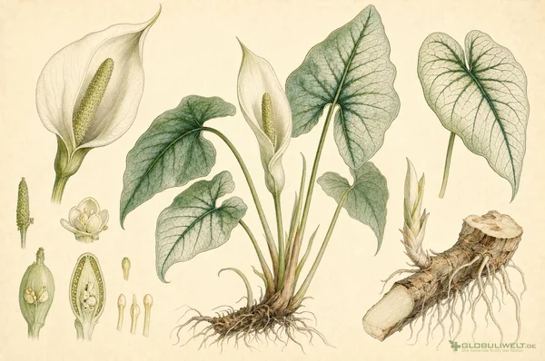 Botanische Illustration von Caladium seguinum (Schweigrohr) – Ausgangssubstanz der homöopathischen Globuli